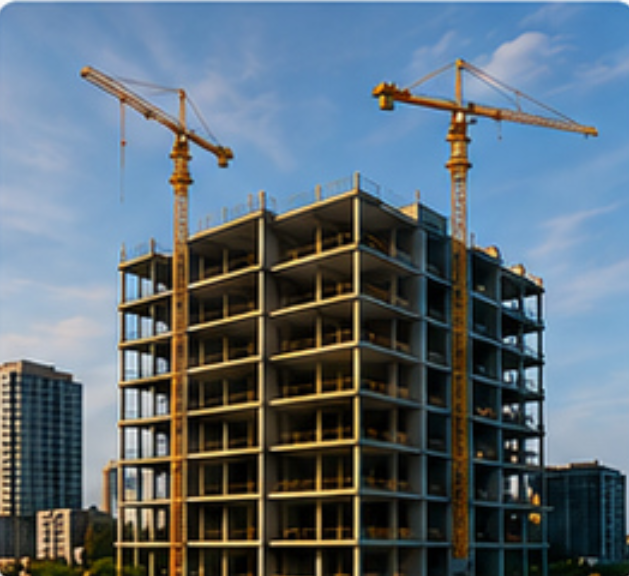 Building under construction with tower cranes