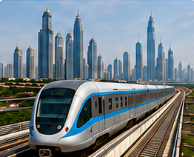 Metro train and city towers